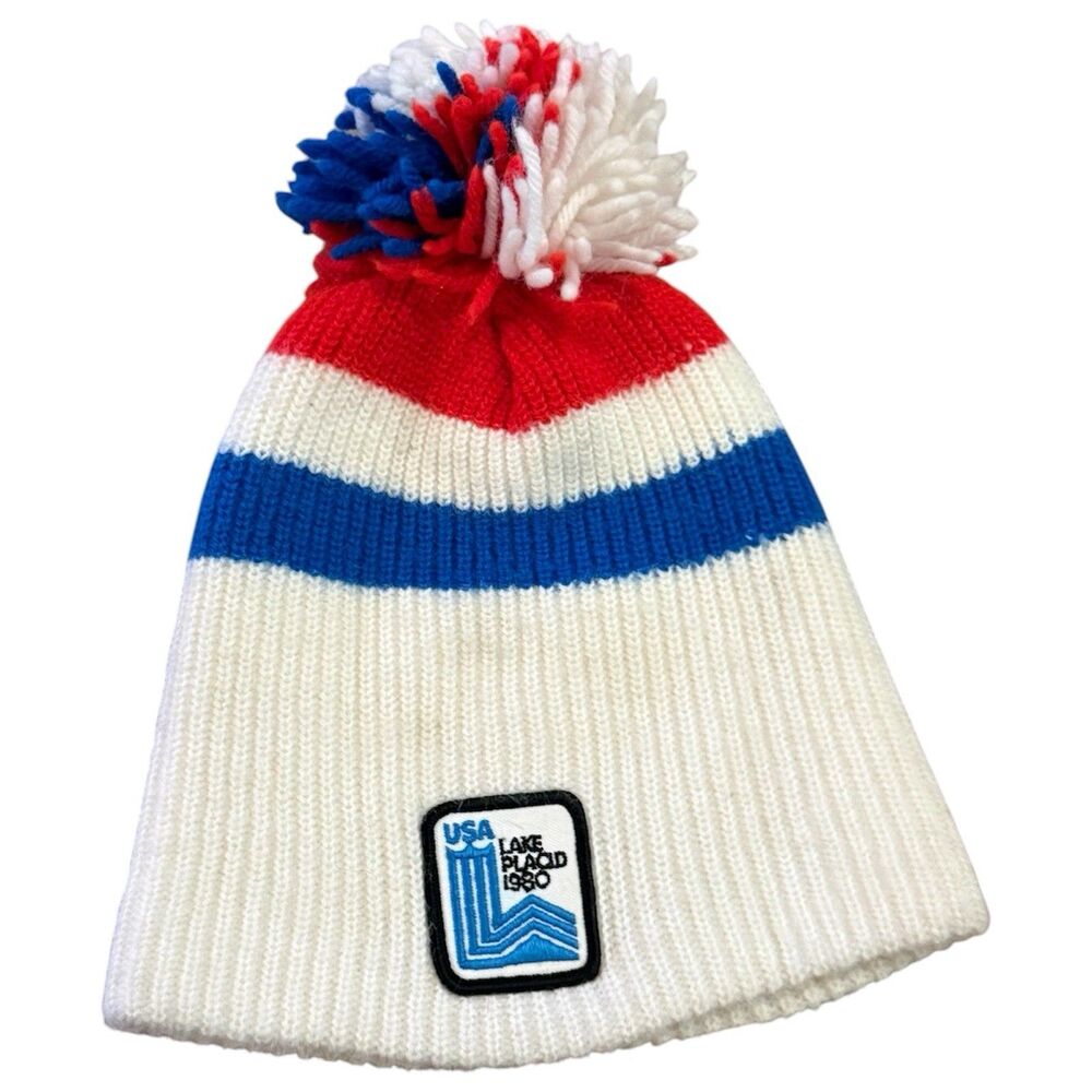 Vintage 1980 Lake Placid USA Olympics Knit Beanie Hat Pom Red White Blue Winter